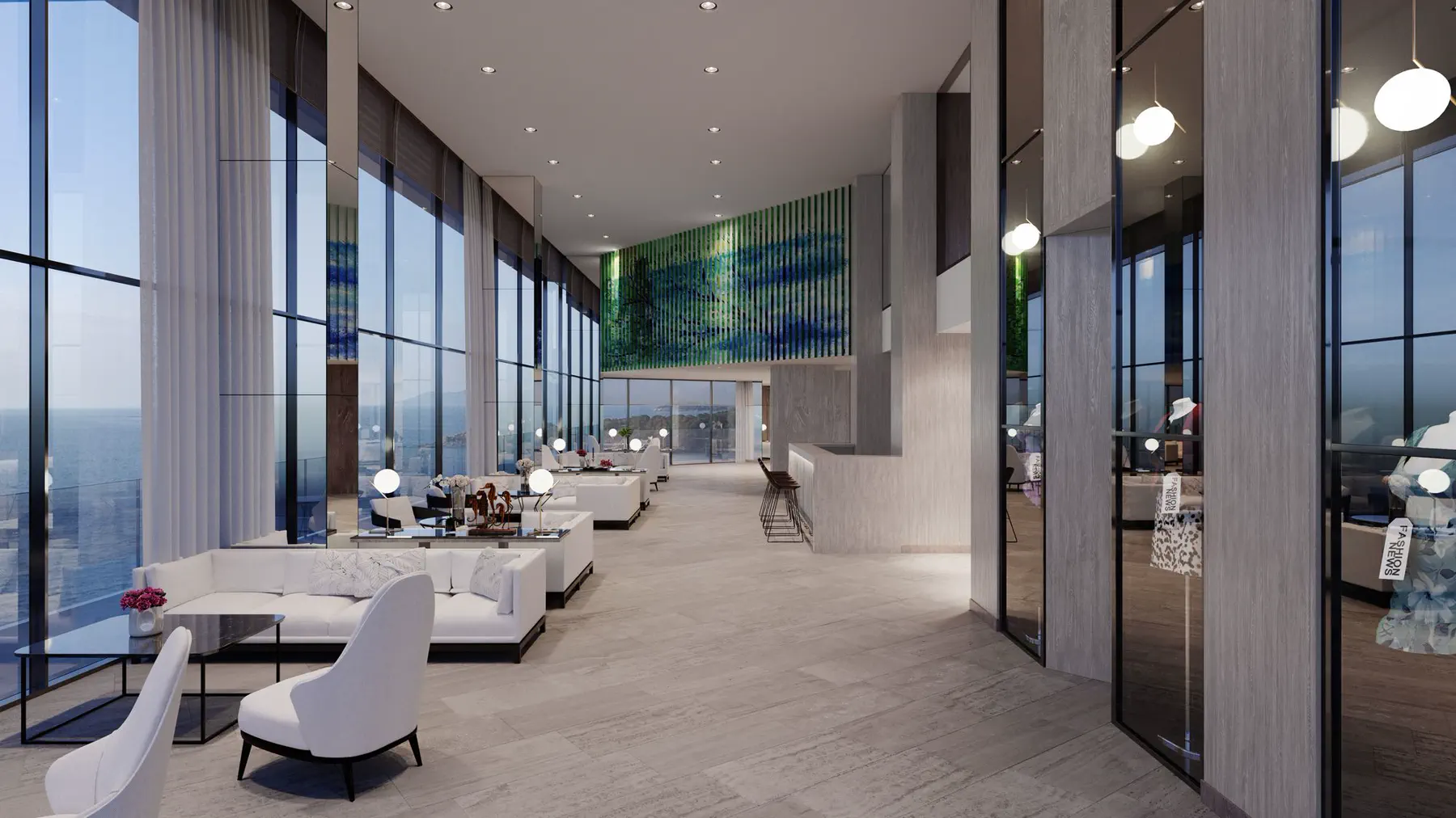 Bright hotel lobby lounge with white seating, ocean-view windows, and polished floors — editorial still