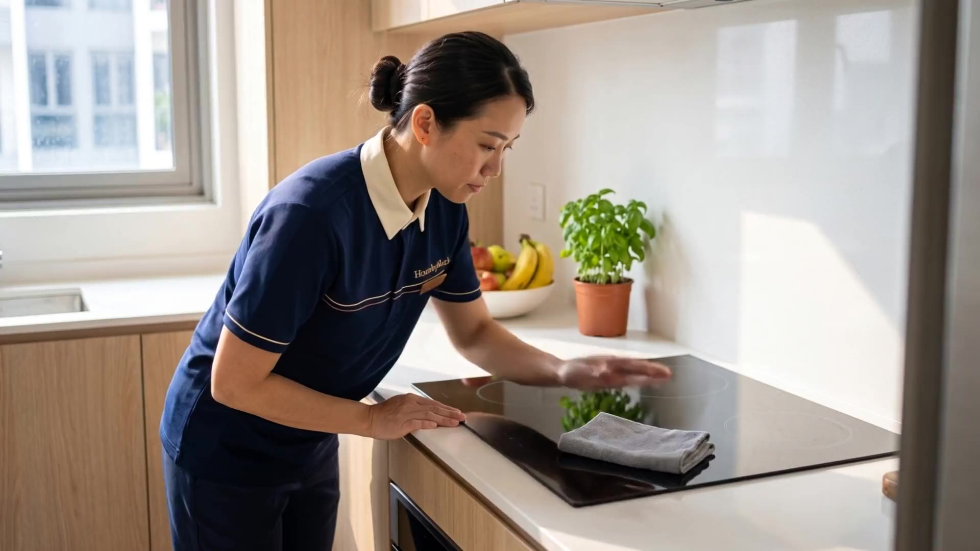 Cleaner in a navy Home by M-Luck polo wiping down an induction hob