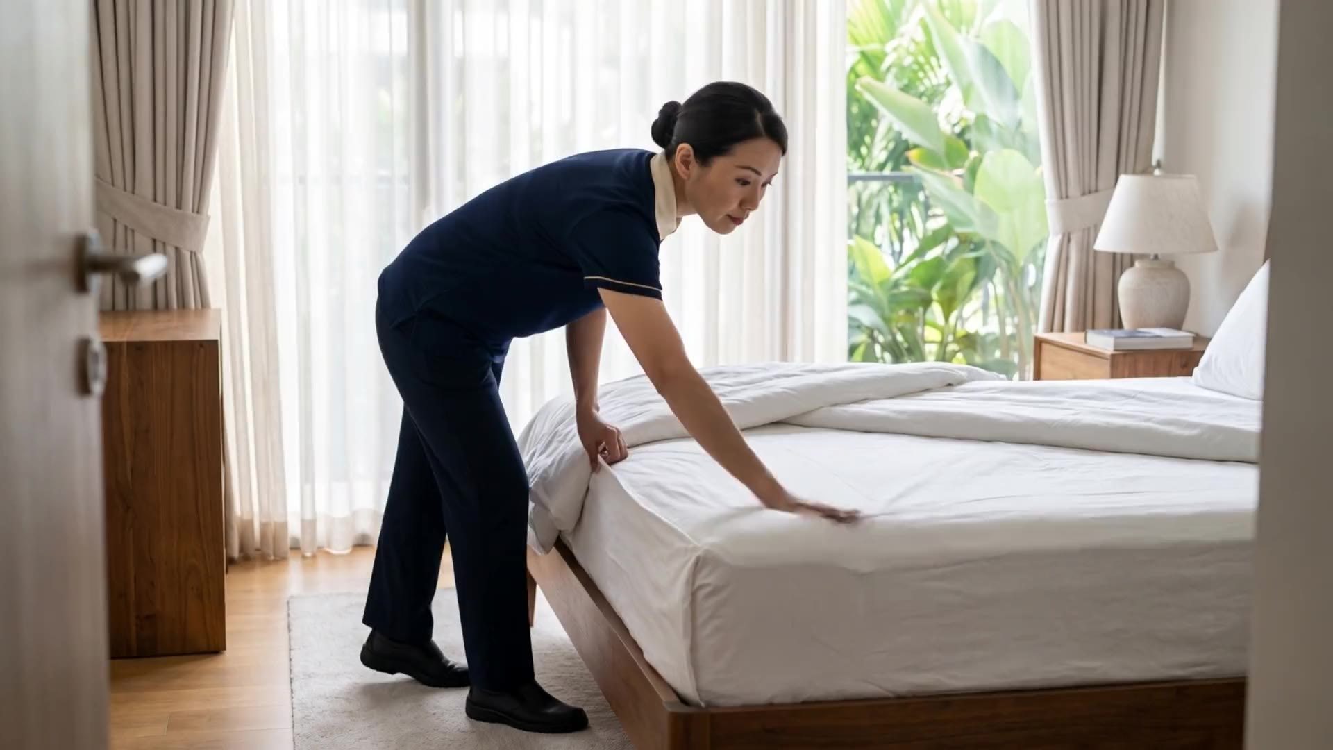 Making a bed with neatly tucked corners