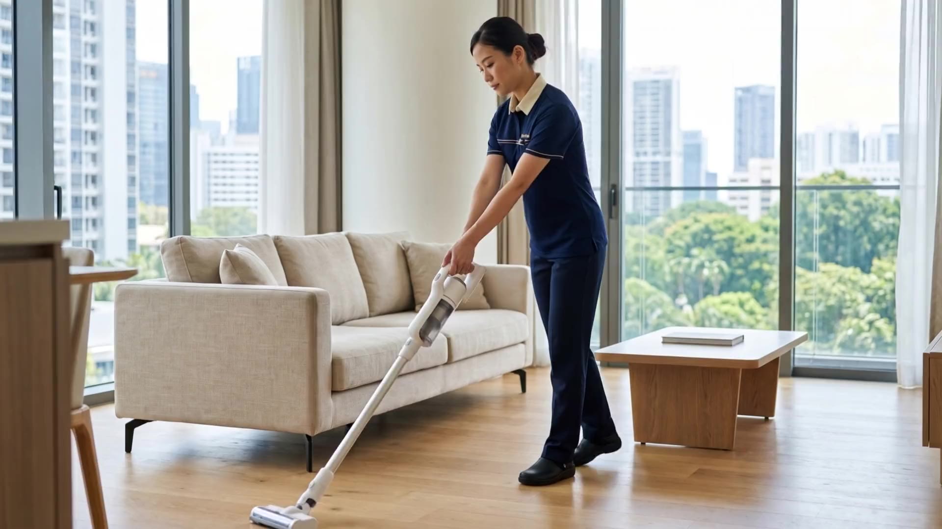 Cleaner vacuuming a condo living room with a city view