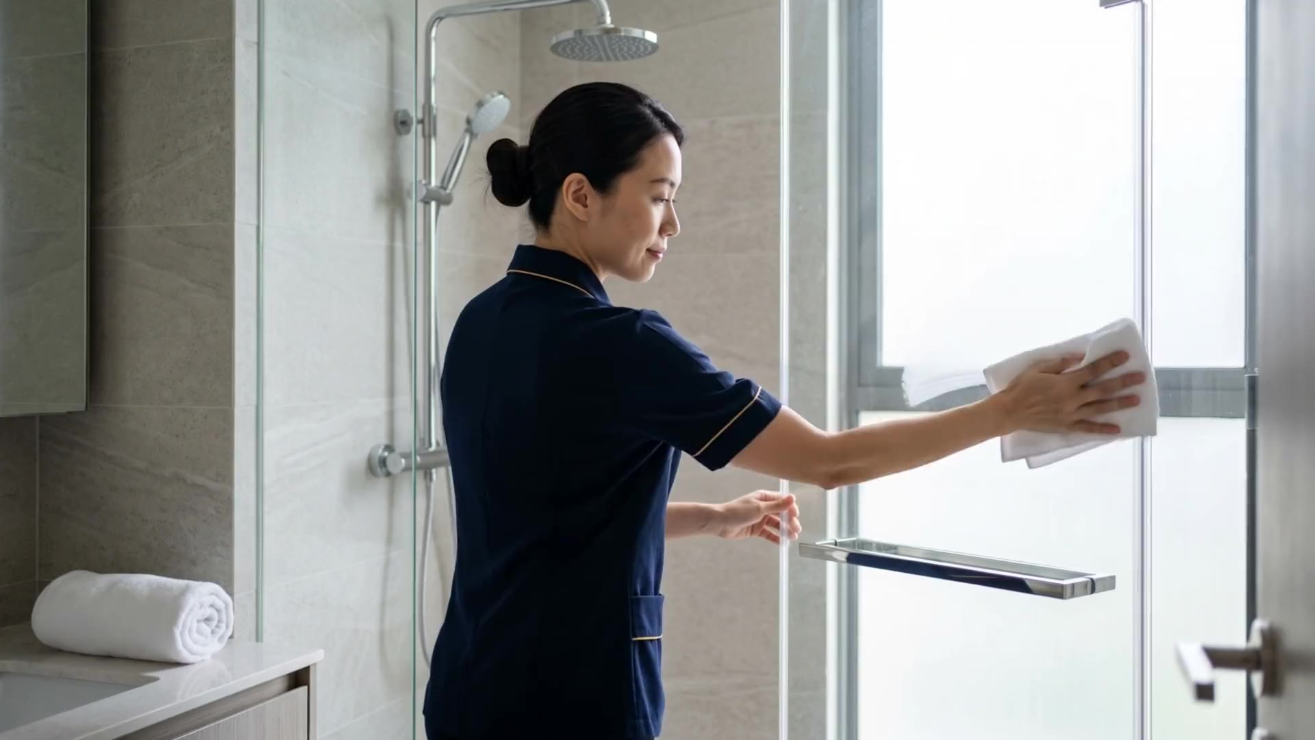 Polishing a glass shower screen until it is streak-free