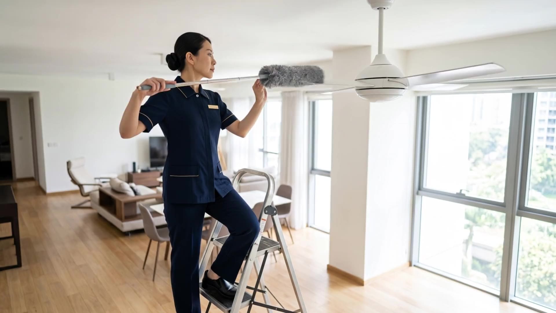 Dusting ceiling fan blades from a step ladder
