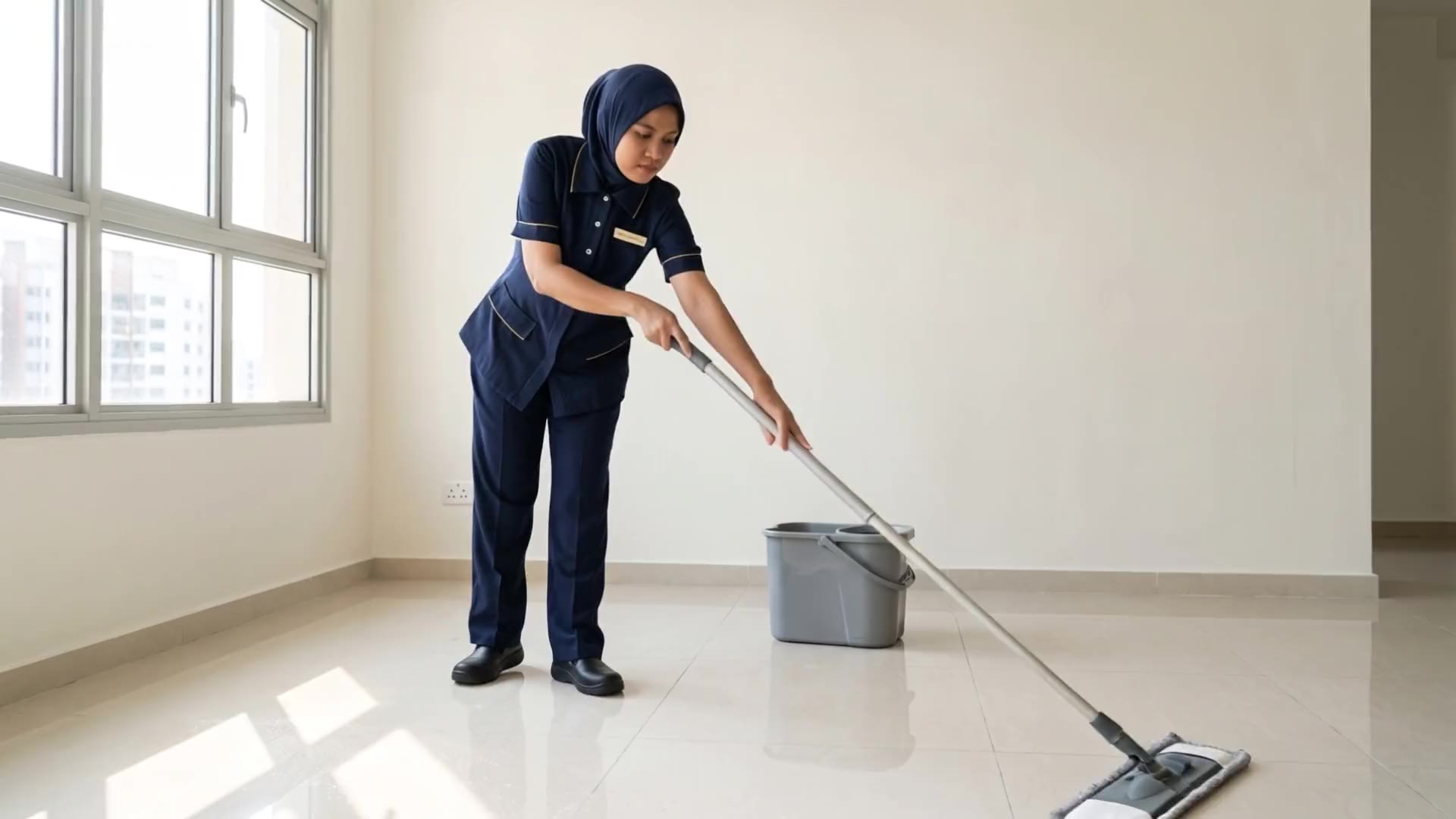 Cleaner mopping the floor of an empty HDB living room