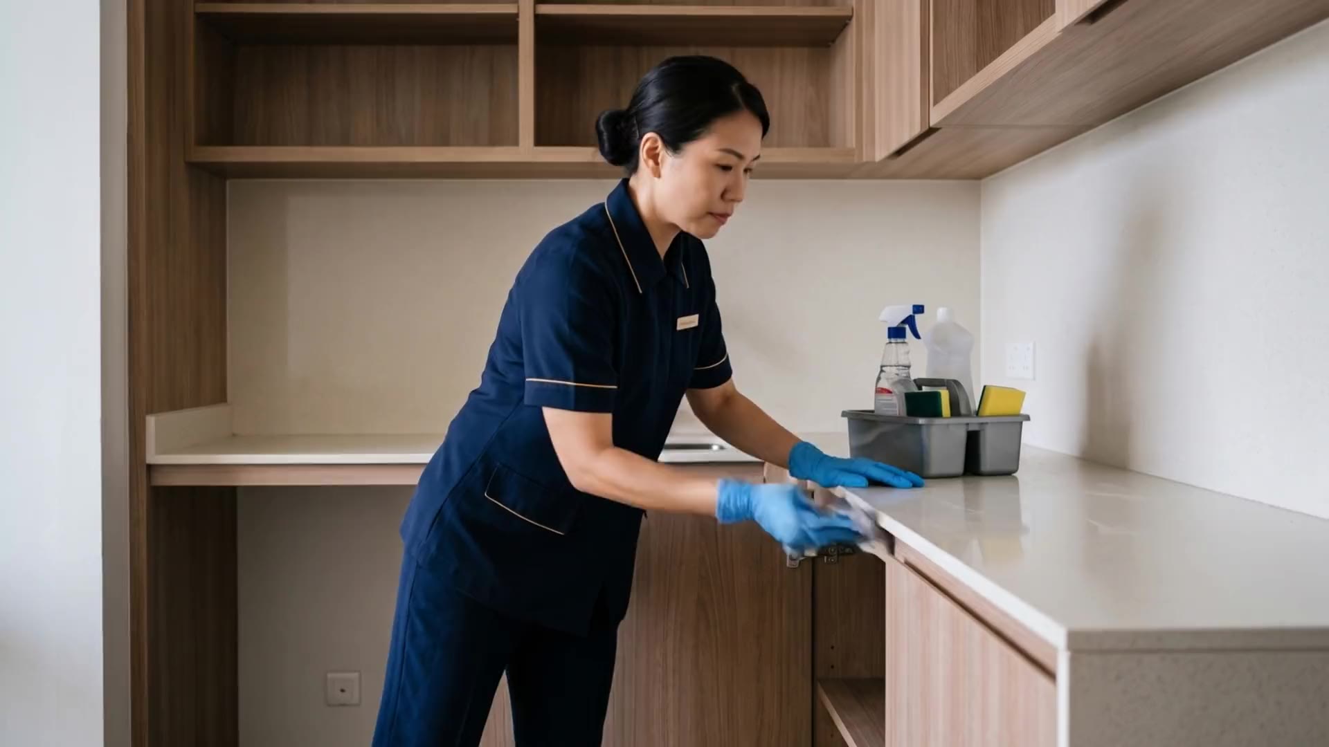 Wiping the inside of empty kitchen cabinets
