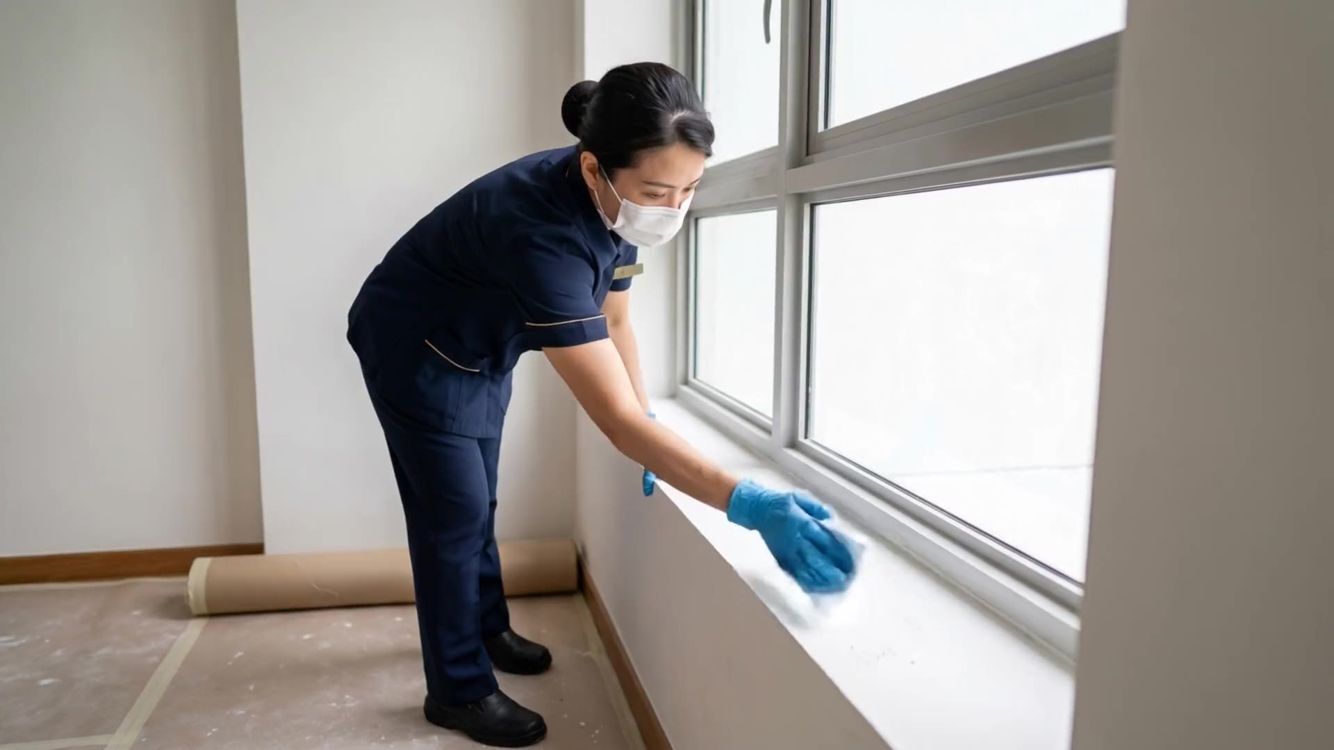 Masked cleaner wiping renovation dust from a window sill