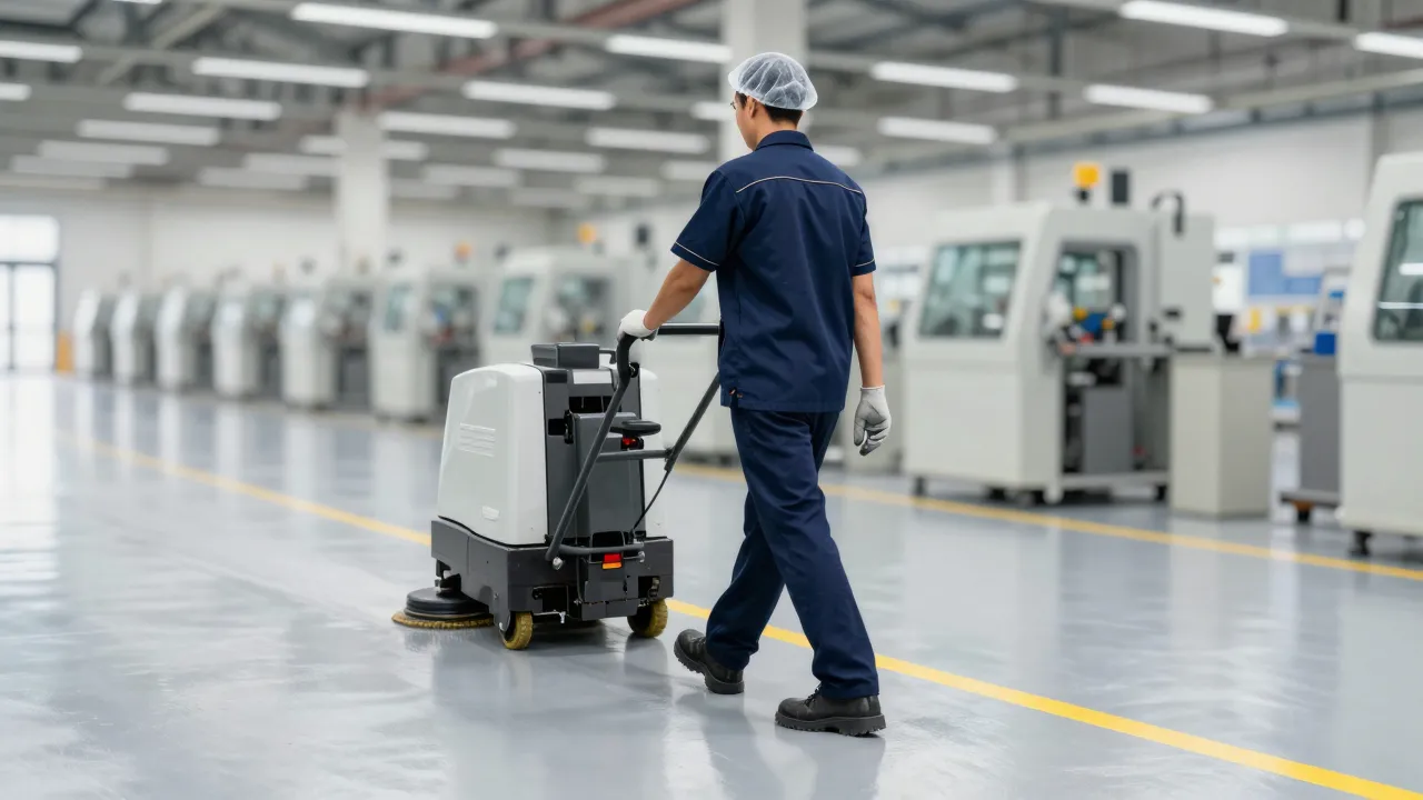 Cleaning crew in safety shoes scrubbing a factory floor with a floor machine