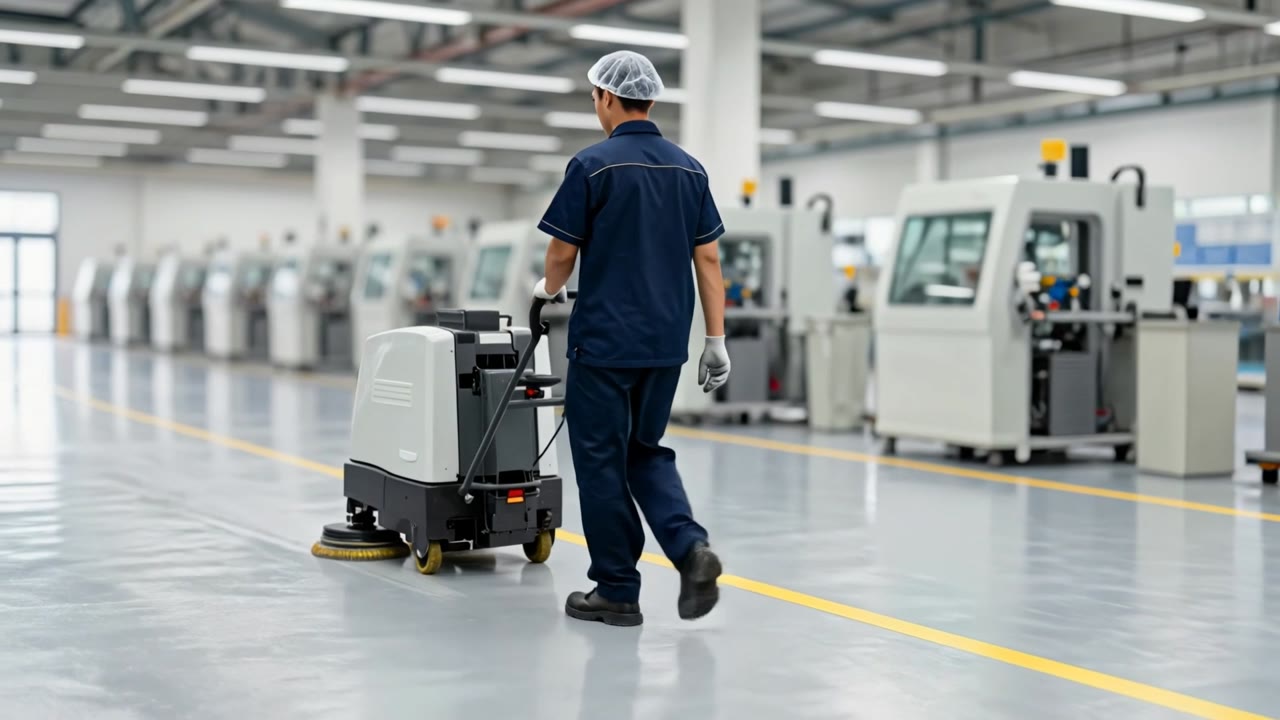 Cleaning crew in safety shoes scrubbing a factory floor with a floor machine