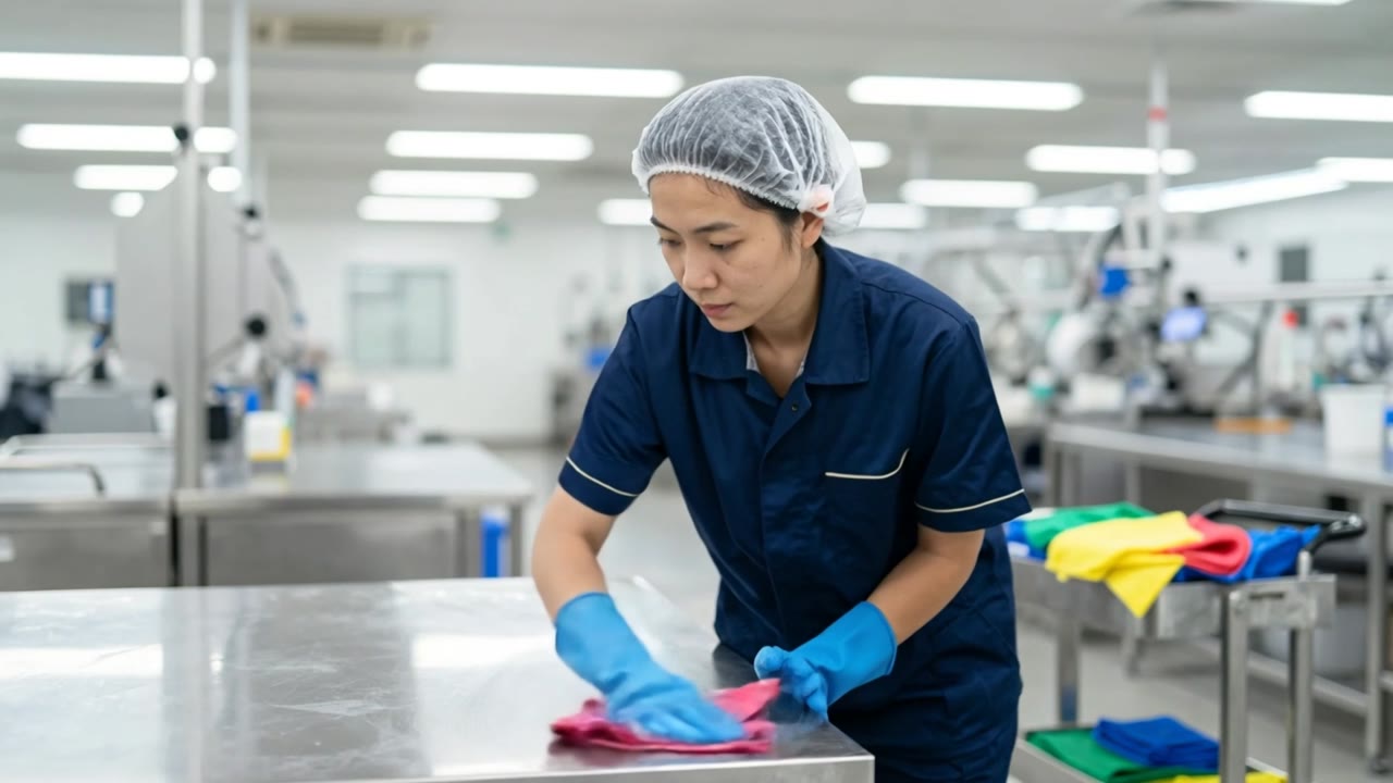 Cleaner wiping a steel factory bench