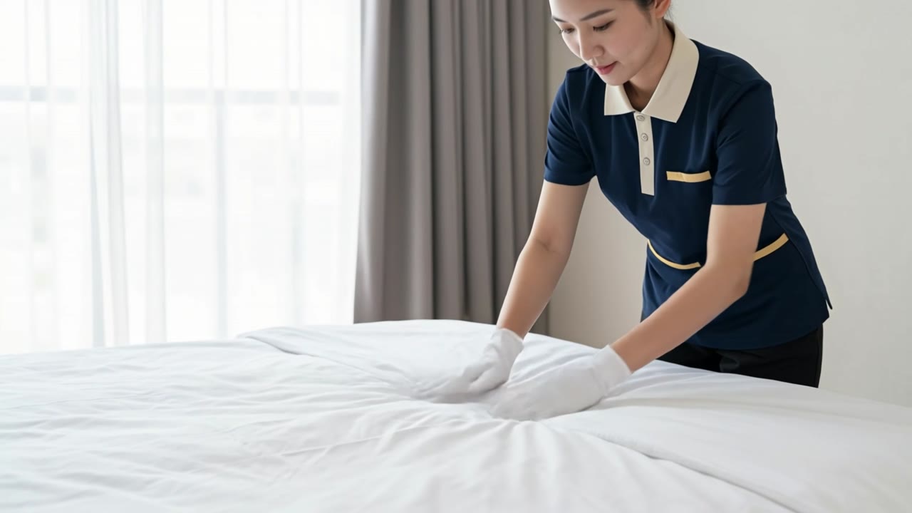 White-gloved finishing touches on bed linen