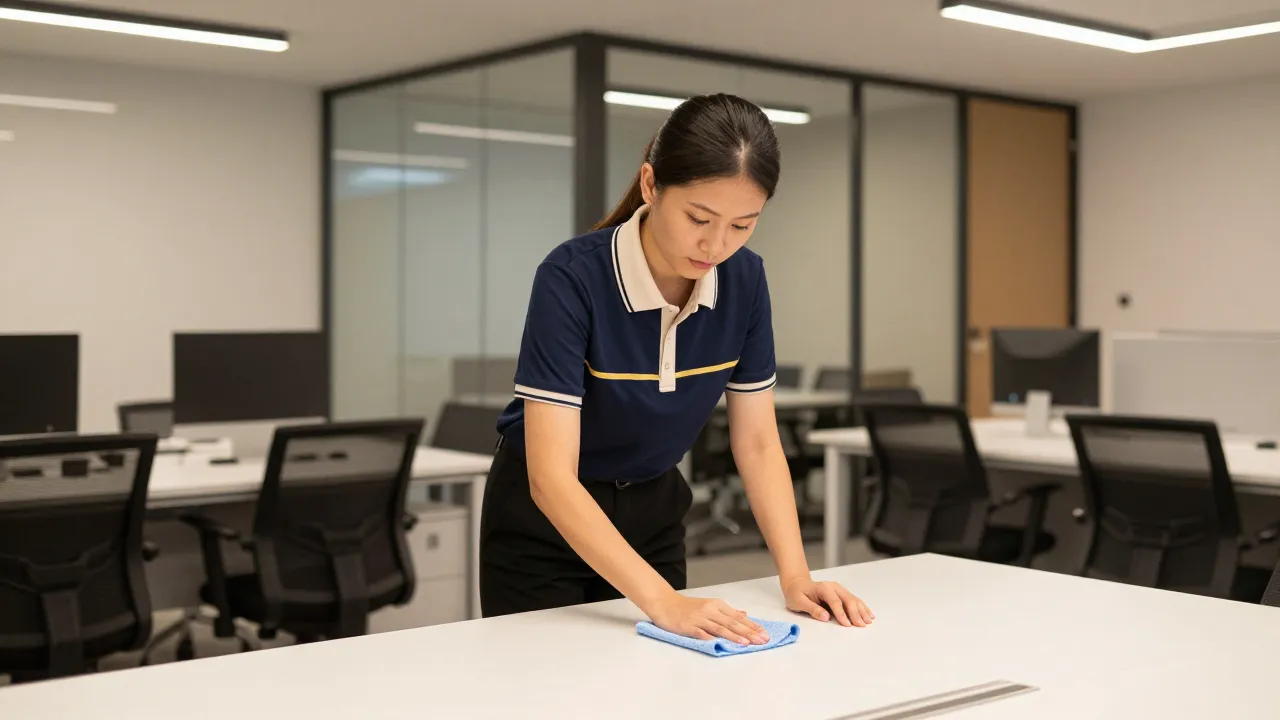 Cleaner in uniform wiping desks in a bright Singapore office after hours