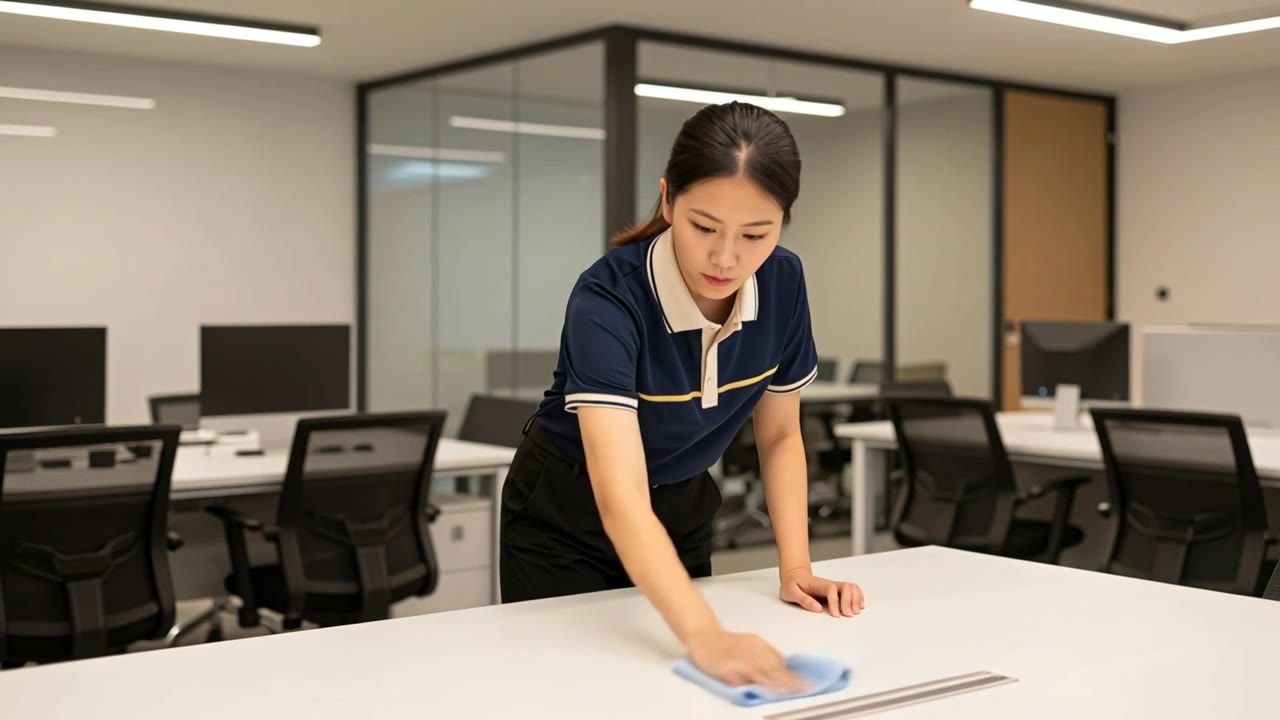 Cleaner in uniform wiping desks in a bright Singapore office after hours