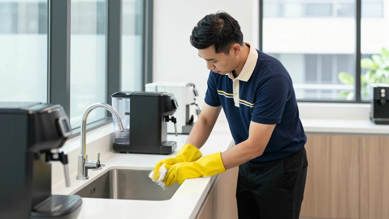 Cleaner wiping an office pantry counter after hours