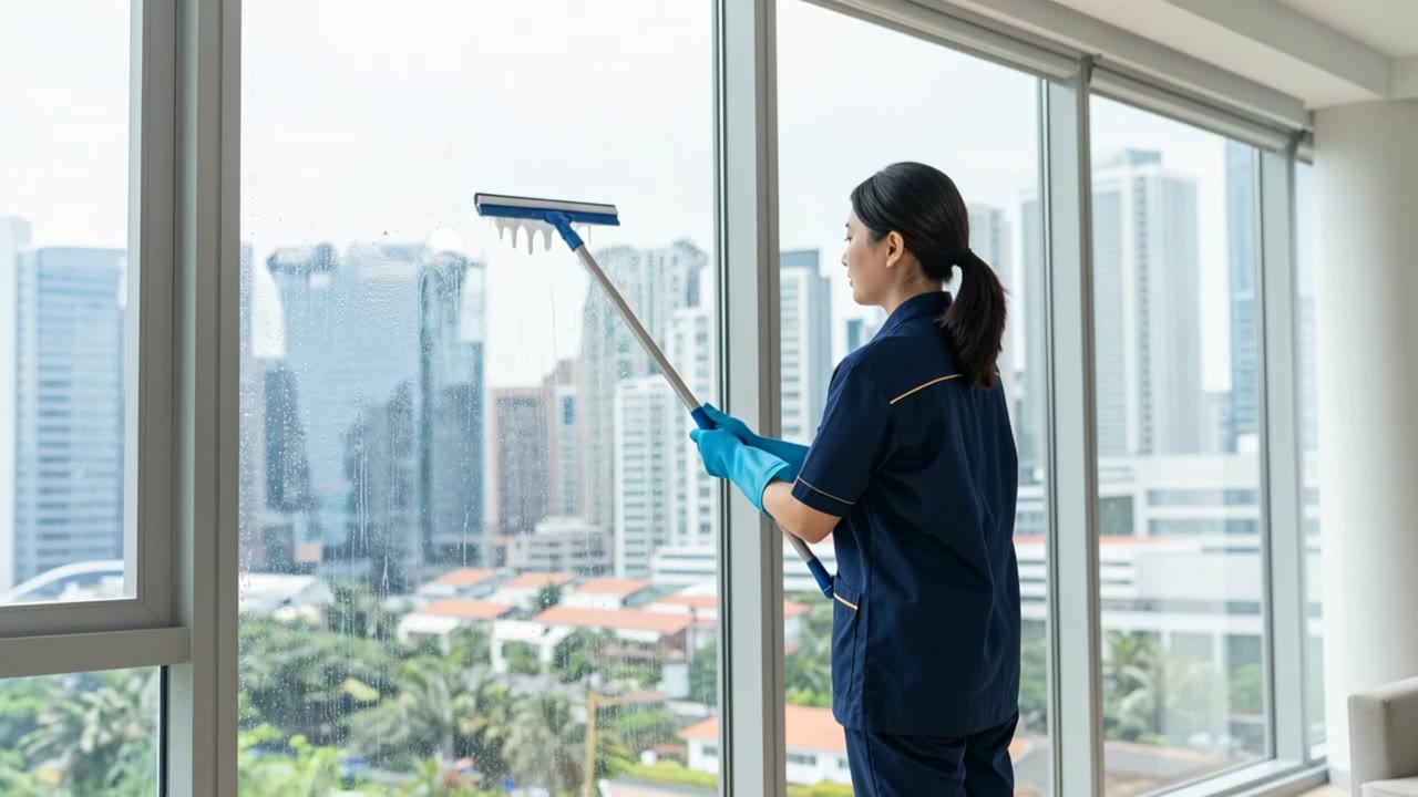 Cleaner polishing the inside of a full-height condo window with a squeegee