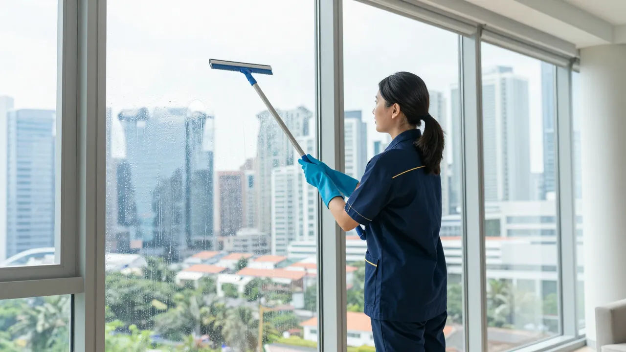 Cleaner polishing the inside of a full-height condo window with a squeegee
